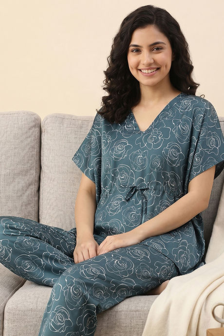 Zivame Satin Kaftan Loungewear Set - Sagebrush Green — image 4